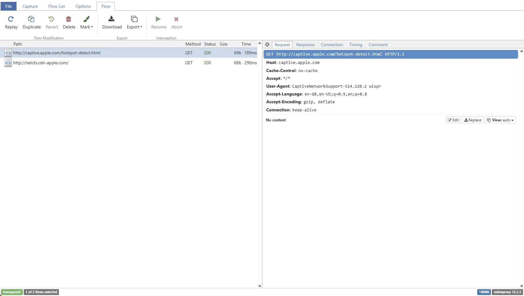 Interface web de mitmweb affichant les requêtes HTTP et HTTPS interceptées des clients du hotspot